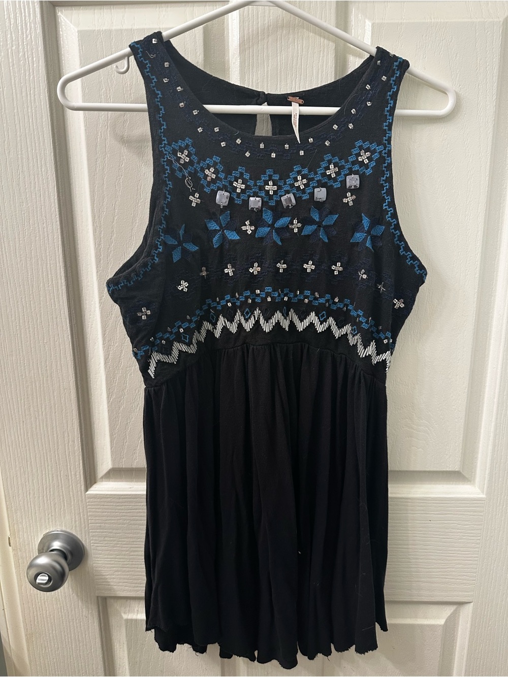 Free People Black Tunic with Blue and White Embroidery